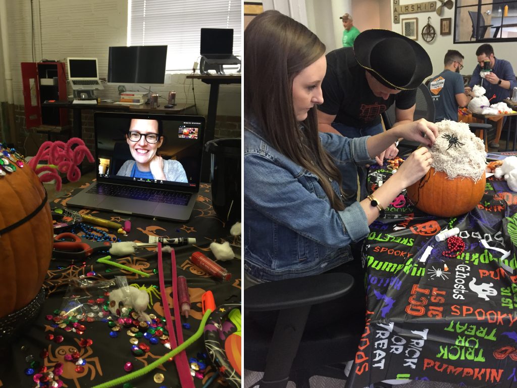 Creativity Constraints - Halloween Edition: The teams at work during the competition, even our remote worker Lindsay!!